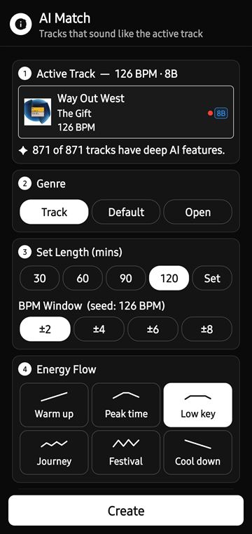 ZOOT AI Match builder: active track, genre, set length, BPM window and energy flow