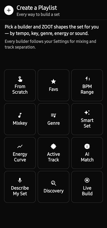 ZOOT Create a Playlist screen showing twelve set builders