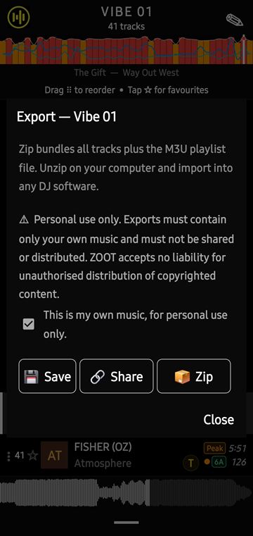 ZOOT Export dialog with Save, Share and Zip options