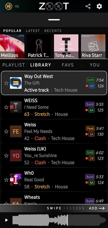 ZOOT library view: each track scored against the active track with the key move named