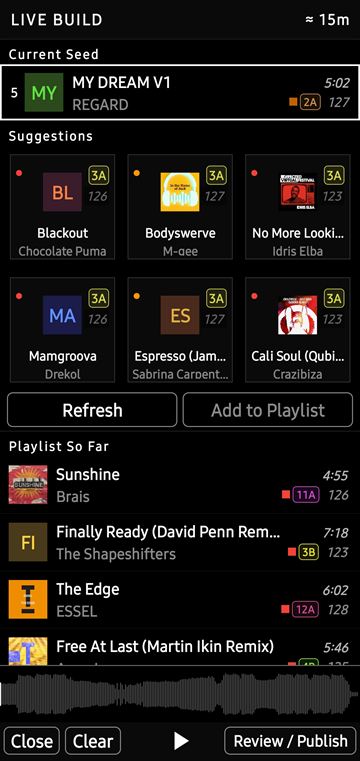 ZOOT Live Build: current track, six suggested next tracks and the playlist so far