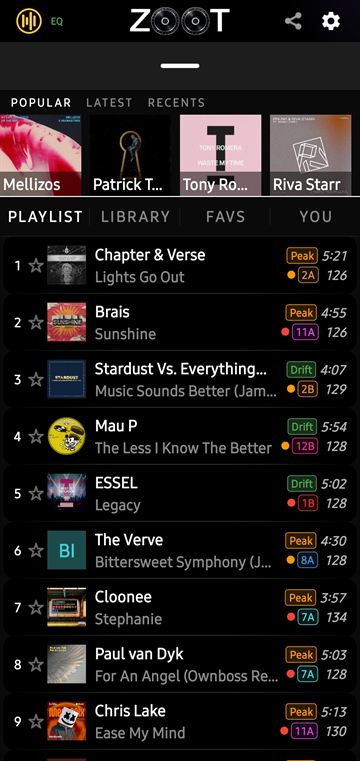 ZOOT playlist view: numbered tracks with vibe, energy, Mixkey, BPM and length on each row