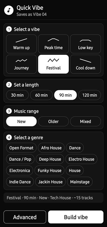 ZOOT Quick Vibe: choose a vibe, a length, a music range and a genre, then Build vibe