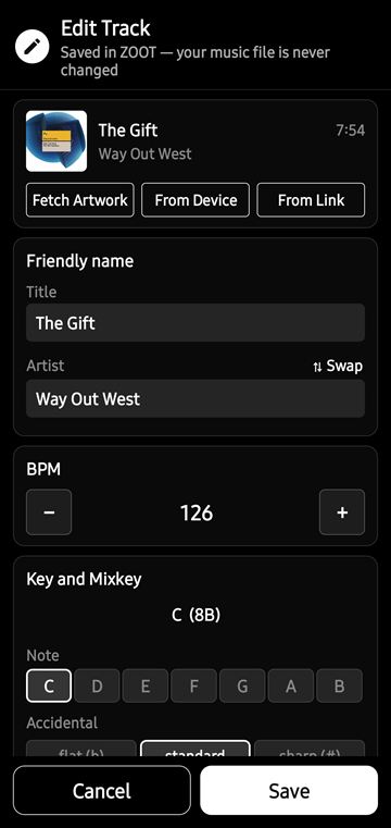 ZOOT Edit Track: artwork options, title and artist, BPM and key correction