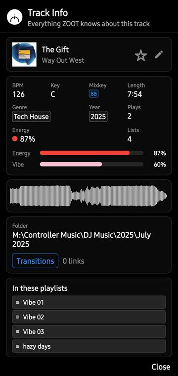 ZOOT Track Info: BPM, key, Mixkey, length, genre, year, plays, energy, vibe and playlists the track is in