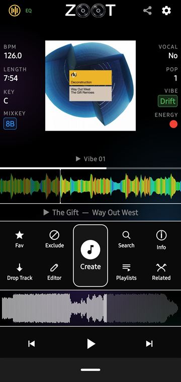 ZOOT main screen: track artwork with BPM, length, key and Mixkey on the left, vocal, popularity, vibe and energy on the right