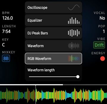 ZOOT visualiser menu: Oscilloscope, Equalizer, DJ Peak Bars, Waveform, RGB Waveform and a waveform length slider